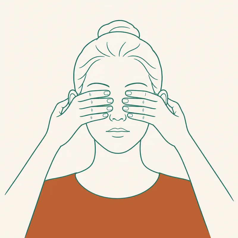 Schematic head with both hands spread lightly across the face, thumbs resting at the ear openings and fingers resting over the brow and closed eyes.