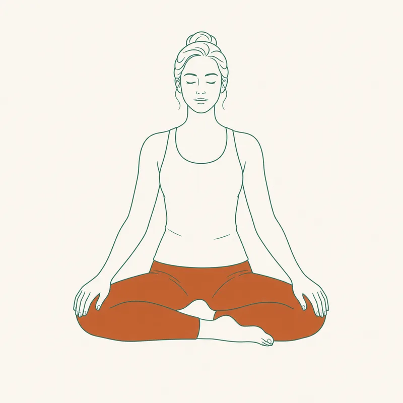 Minimal seated figure with crossed legs, hands resting on the knees, and the spine upright.