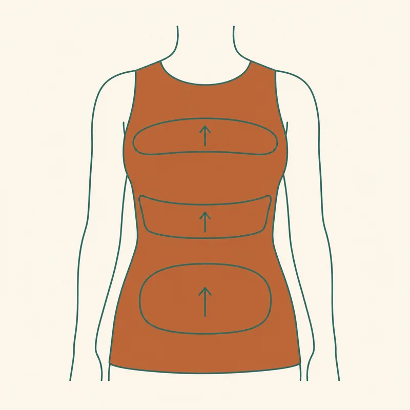 Side view of a seated torso divided into three stacked zones—lower belly, lower ribs, and upper chest—with small upward arrows showing the inhale filling them in sequence from bottom to top.