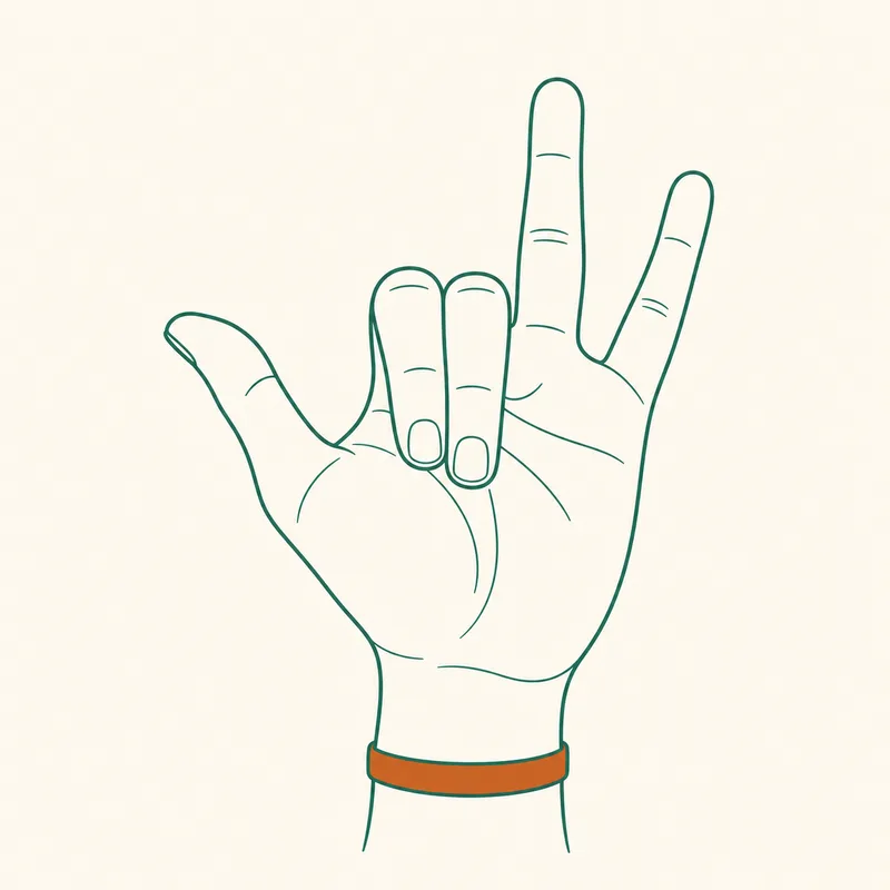 Schematic right hand in Viṣṇu mudra: index and middle fingers fold toward the palm while the thumb, ring finger, and little finger remain extended.